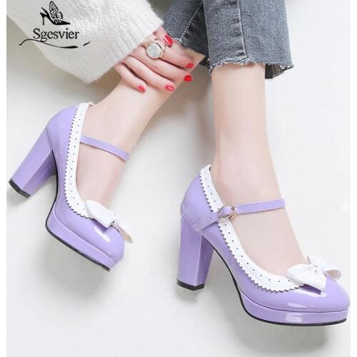Sgesvier Summer Autumn Women Pumps Cute Round Toe Thick High Heels Platform Bowtie Flower Buckle Fashion Female Mujer B232