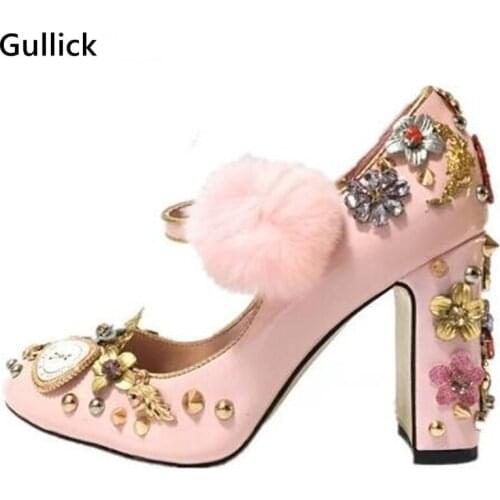 2018 Pink Pom-pom Thick Heels Woman Shoes Crystal Embellished Ankle Strap Shoes Woman Retro Rivets Studded High Heels Shoes