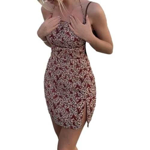 Women Summer Halterneck Dress, Adults Sexy Tie-up Backless Floral Print Side Slit Dress