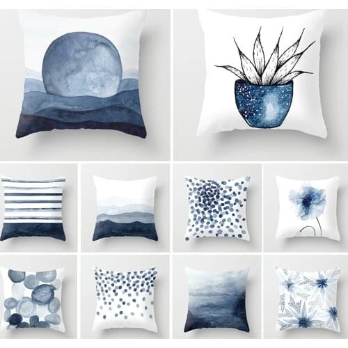 1pc 45*45cm Ink Blue Geometric Landscape Pillowcase Waist Throw Cushion Cover Sofa Printed Pillows Covers Car Decor Home Supply