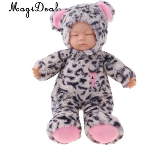 35cm Lifelike Stuffed Reborn Sleeping Plush Baby Doll with Leopard Clothes Kids Toys
