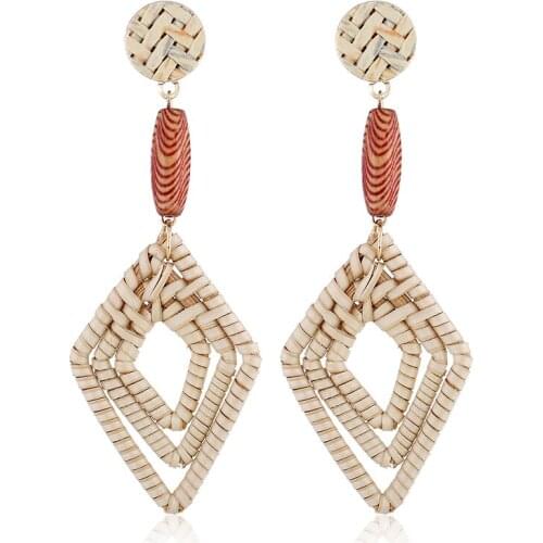 Bohemian ethnic vintage geometric hand-woven rattan tassel earrings fashion simple personality temperament earrings for women