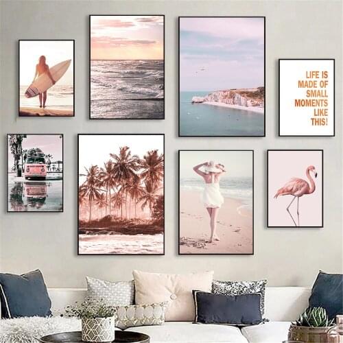 Travel Car Sea Landscape Print Poster Ocean Wave Prints Beach Woman Canvas Painting Nordic Wall Art Pictures Living Room Decor