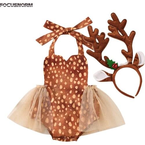FOCUSNORM Halloween Baby Girls Bodysuits Headband Sleeveless Cartoon Print Lace Ruffles Jumpsuits Deer Headwear