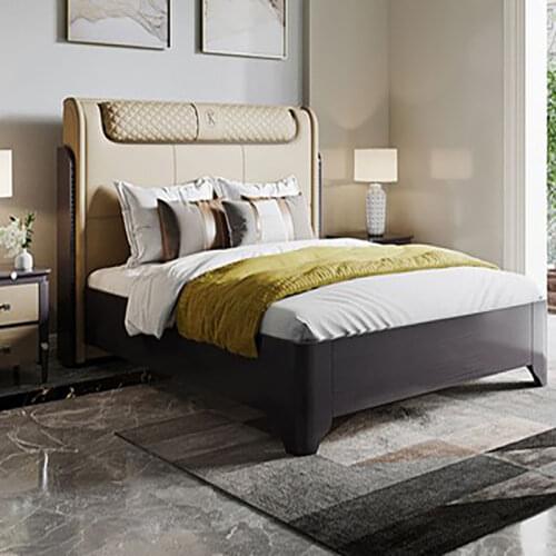 Italian style light luxury solid wood bed modern minimalist leather double bed Hong Kong style bedroom Louvre original designer