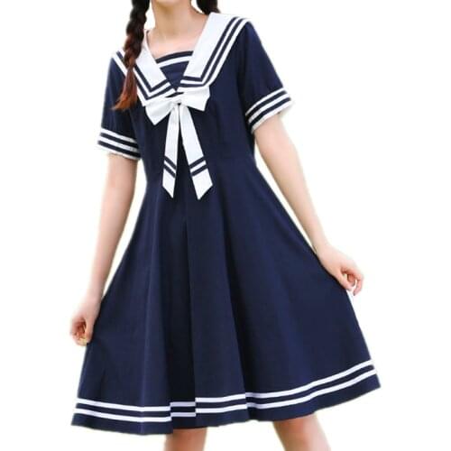 Japanese Preppy Style Summer Women Dress Harajuku Sailor Collar Navy Loose Femininos Vestidos Long Sleevs Kawaii Bowknot Dresses