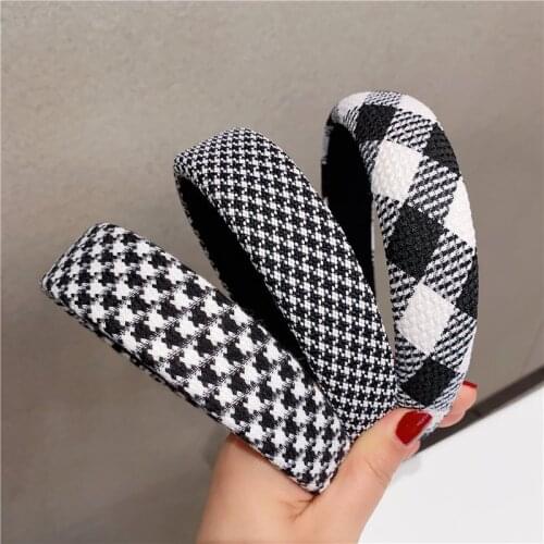 Fashion Plaid Thick Headband Wide Turban Hairband Classic Black Houndstooth Lattice Headband Hair Hoops Head Bezel Wholesale