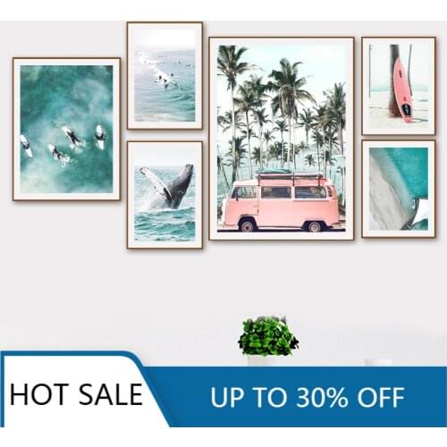 Sea Beach Coconut Tree Surfboard Whale Wall Art Canvas Painting Posters Prints Nordic Wall Decor For Aesthetic Home Decoration