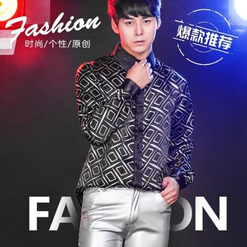 MenS Long Sleeve Shirt Korean Slim Black Print Male Singer Host Stage Performance Wear Nightclub Bar Jazz Dance Costume DWY2723
