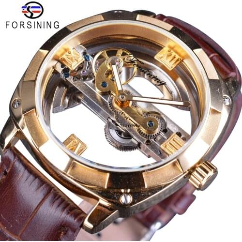 Forsining Double Side Transparent Golden Bezel Brown Leather Belt Men Automatic Watch Top Brand Luxury Mechanical Skeleton Clock