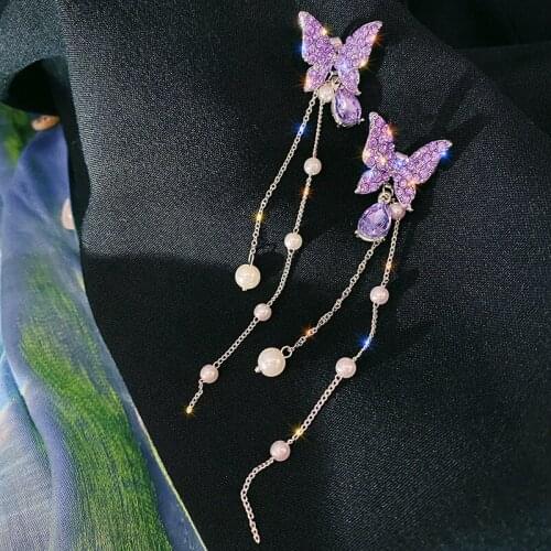 2021 Korean New Fashion Tassel Purple Pearl Earrings Temperament Long Pendants Bow Earrings Charm Elegant Lady Jewelry