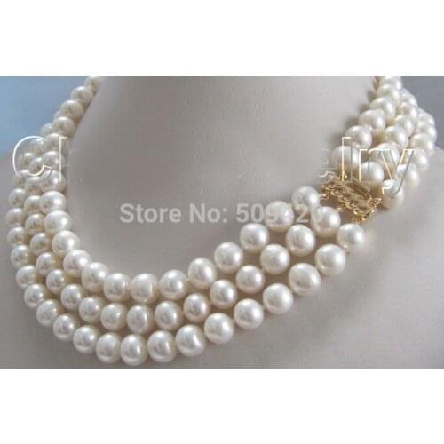 Free Shipping >>AA 17-19 " 3row 8-9mm natural white round freshwater pearl necklace