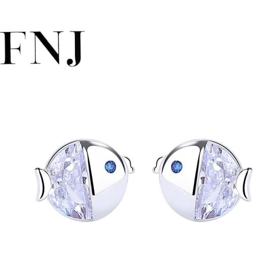 FNJ Fish Earrings 925 Silver Jewelry Original Pure S925 Sterling Silver Stud Earring for Women White Zircon