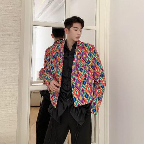 Chic Mens Short Jacket Stylish Graffiti Design Long Sleeve Coat Double Breasted H6