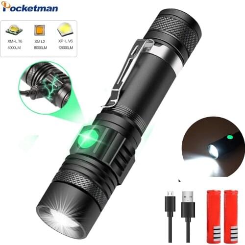 12000LM Super Bright Led Flashlight USB Rechargeable led torch T6/L2/V6 Zoomable Outdoor Bicycle Light Use 18650 Hand Light