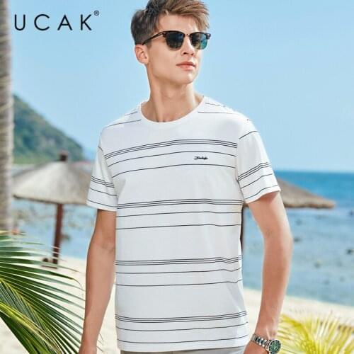 UCAK Brand Classic Turn-down Collar Striped T-Shirt Men Clothes Summer New Fashion Style Streetwear Casual Cotton Tee Tops U5599