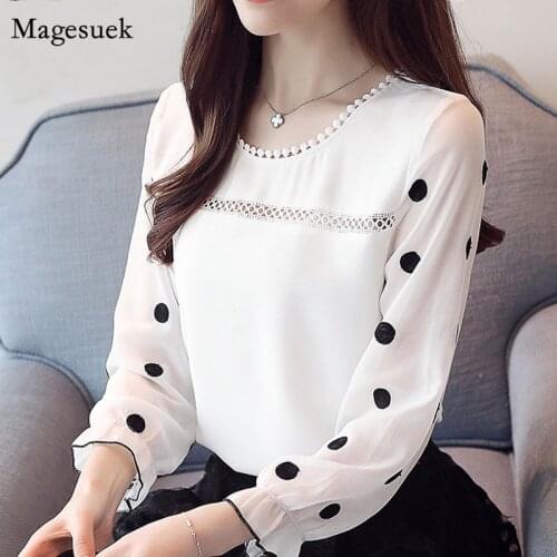 Fashion Sweet O-neck Black Dot White Women Blouse Long Sleeve Shirt 2021 Chiffon Womens Clothing Feminine Tops Blusas D383 30