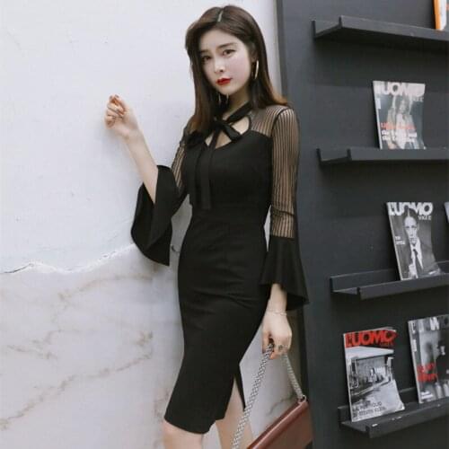 Women Black Long Flare Sleeve Bow Collar Dress Office Lady Elegant Sexy Party Dresses Autumn Bodycon Mesh Patchwork Pencil Dress