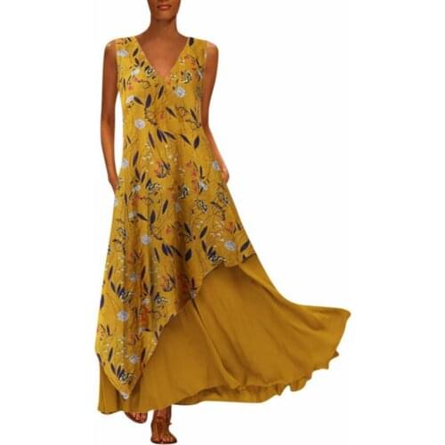 Summer dress Plus Size Women V Neck Splicing Floral Print Irregular Sleeveless Maxi Dress robe femme Womens Clothing 2021