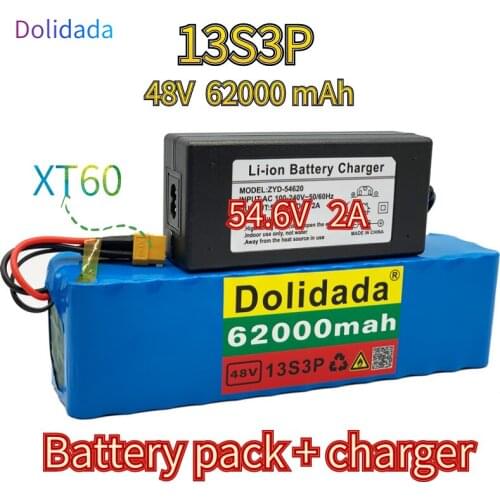 13s3p XT60 48V 62000mah 1000W Li ion battery pack for 54.6V electric bicycle scooter with BMS + 54.6V 2ACharger