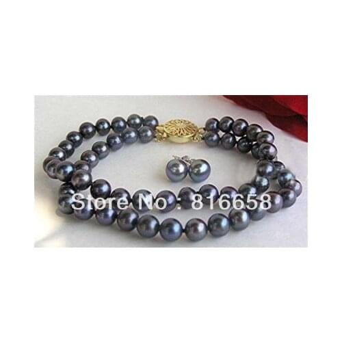2Rows 7-8MM Black Freshwater Pearl Bracelet +Earring
