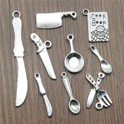 20pcs Kitchenware Charms Antique Silver Color Kitchen Knife Charms Jewelry DIY Cook Book Charms Pan Spoon