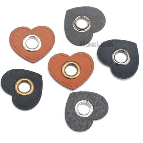 30pcs/lot HEART black/brown PU leather sew on Badges patch labels + inner 8mm metal brass eyelets grommets free ship