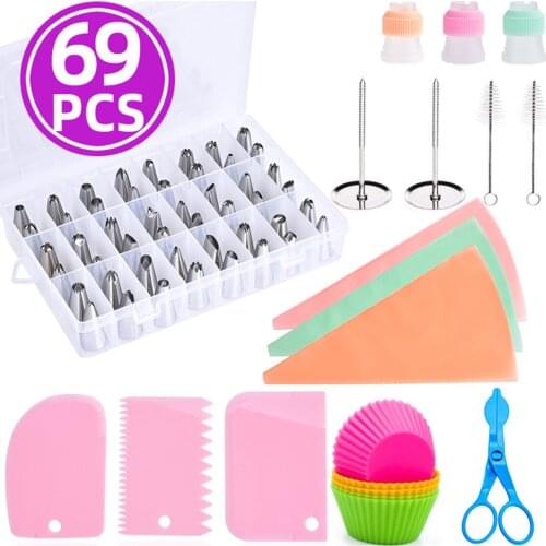 69 Pcs Decorating Nozzle Set with Storage Box, Piping Bag, Cupcake Moulds DIY Cake Baking Tool
