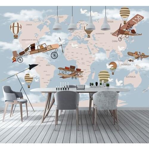 Bacaz World Map Airplane Fire Balloon 3d Cartoon Wallpaper Mural for Baby Child Room 3d Wall Mural Wall Deco 3D Cartoon Sticker