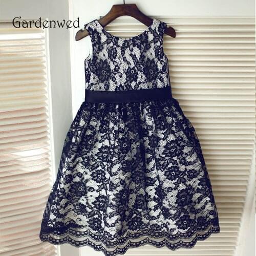 Black Floral Pattern Lace Flower Girls Dress 2020 A line Little Baby Wedding Party Dress Tank Satin Belt Child Kids Gown