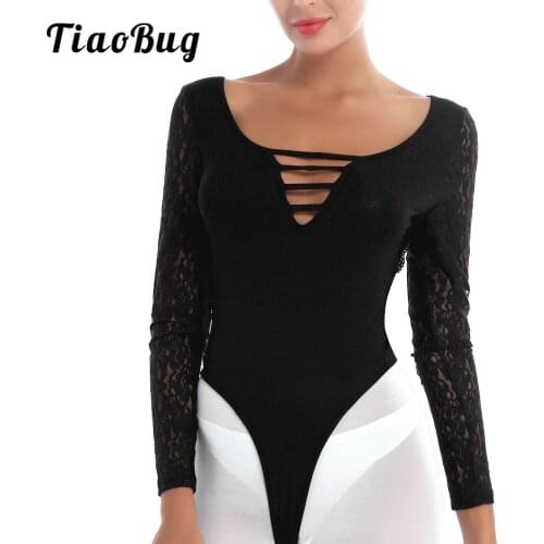 Women Lace Long Sleeve High-Cut Thongs Leotard Black Skinny Ballet Dance Bodysuit