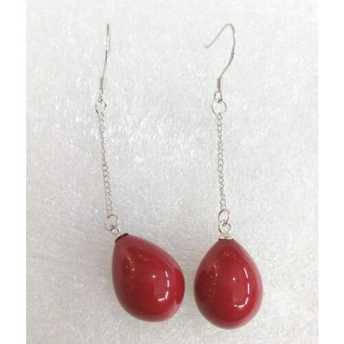 Classic Natural South Sea Shell Pearl 12x16mm Red WaterDrop beads silver chain dangle hook Earrings Jewelry Woman