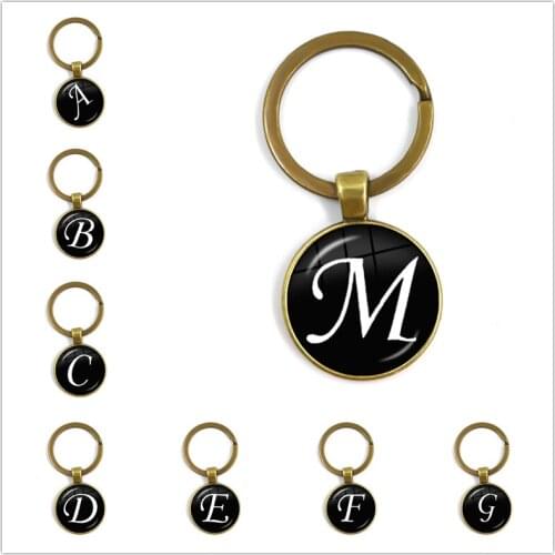 26 English Letters Glass Round Charm Key Ring Personality A-Z Initial Name Keychain Bag Ornament Car Key Chain Accessory Jewelry