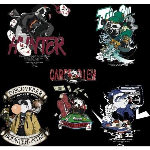 Cool Panda skateboard Cartoon Playing Mahjong Panda heat transfer Iron On Thermal Stickers Heat Transfer Washable Thermo Patch