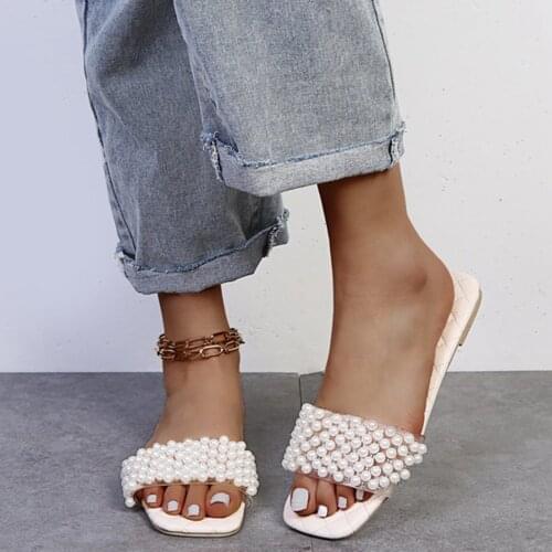 Summer Women Ladies' Flat Slippers With Open Toe Solid Color Pearls For Casual Beach Shoes Flip Flops Slides Zapatos De Mujer#g3