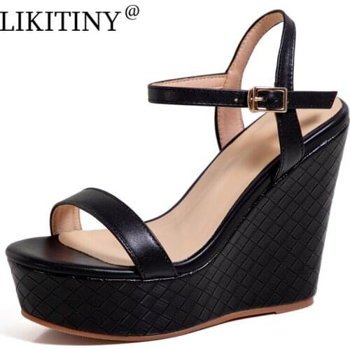 LIKITINY 2021 Summer Leisure High heels Wedges Genuine leather wedges Sandals Fashion Buckle strap Beige Black Womens shoes