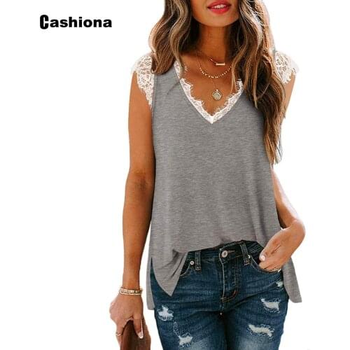 Fashion Women Camis Top 2021 Latest Summer Casual Shirt Ladies Elegant V-neck Tshirt Sleeveless Patchwork Lace Tank Tops Femme