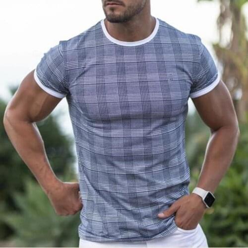 Men T-shirt Plaid Quick Dry Summer Short Sleeve O Neck Top for Dating
