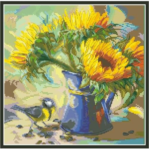 Sunflower and Bluebird Counted Cross Stitch Kits Printed Canvas Embroidery Set 11CT 14CT Diy Handmade Needlework Home Decoration