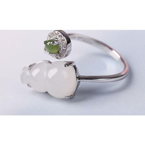 New silver inlaid natural Hetian white chalcedony gourd opening adjustable ring Chinese retro charm womens brand jewelry