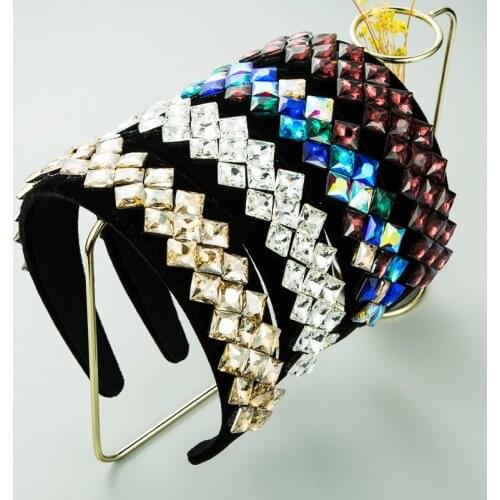 New Arrived Luxury Geometric Rhinestone Headband Baroque Colorful Crystal Velvet Bling Hairband Women Elegant Hair Accessories