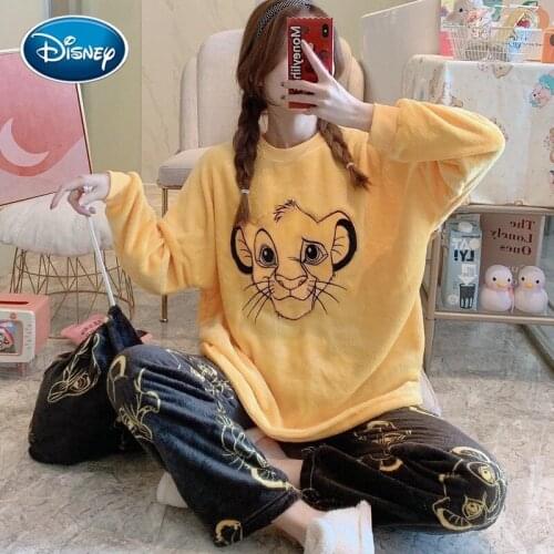 Disney Girl Autumn And Winter Flannel Pajamas Mickey The Lion King Print Cartoon Storage Bag Warm Plush Pajama Suit