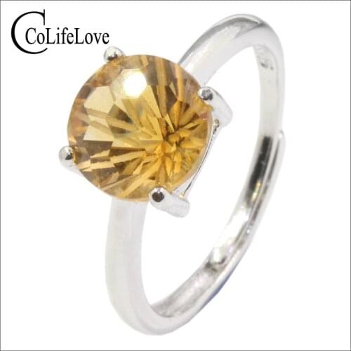 Dazzling Citrine Engagement Ring 8mm Brilliant Round Cut Natural Citrine Silver Ring Solid 925 Silver Citrine Ring for Woman