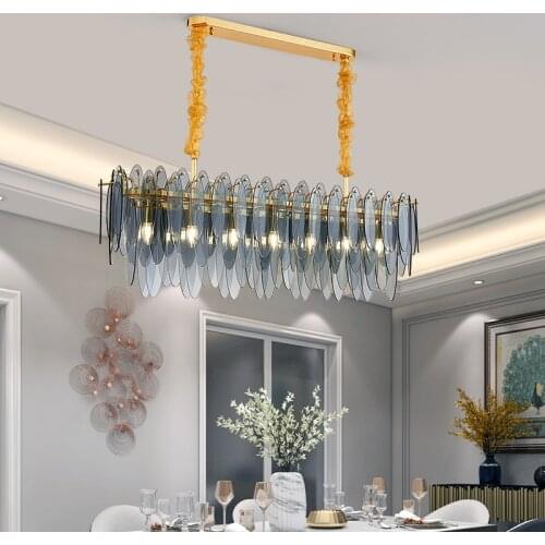 Rectangle Crystal Chandelier Lighting Smoky gray/gold Frosted Glass Hanging Lamp Living Room Kitchen Island Smoke Gray Lustre