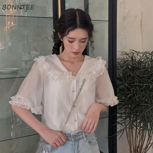 Shirts Women Vintage Sweet Chic Simple Half Sleeve Preppy Girls Tops Casual All-match Popular Ulzzang Female Clothes Streetwear