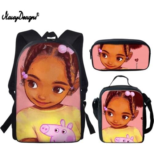 NOISYDESIGNS Cartoon Black Art African Little Girls Pattern Big Capacity 3Pcs/Set Backpacks Children Custom Student School Bags