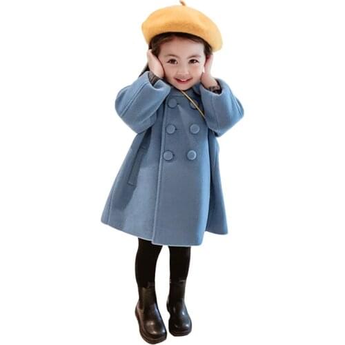 Blue Double Breasted Woolen-Cloth Long Coats Age For 2 - 12 Years Baby Girls Thick Warm Outwear Winter Autumn Children Clothes