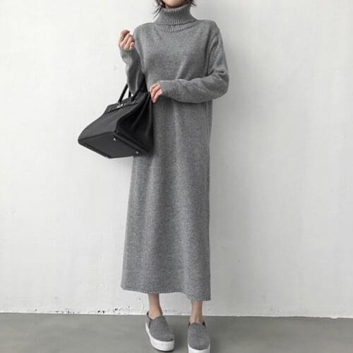 Warm Turtleneck Thick Knitting Winter Black Sweater Dress Women Knitted Female Loose Girls Long Dresses Womens Oversize