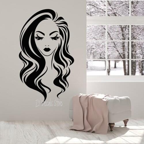 Beauty Salon Vinyl Wall Decal Long Hair Girl Face Makeup Eyelashes Lips Stickers Sexy Girls Wall Decals Barbershop Decor L666