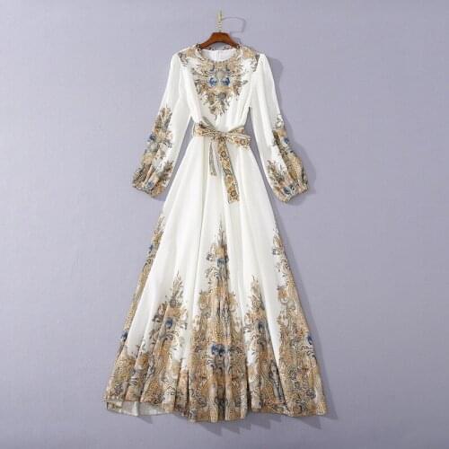 Womens European and American wear 2021 summer new style Lantern sleeve long sleeve retro printing Lace-up fashion dresses